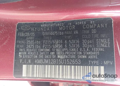2005 Hyundai Tucson Gl from USA, damaged, VIN KM8JM12B15U152653